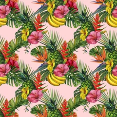 Selbstklebende Fototapeten Watercolor tropical wildlife seamless pattern. Hand Drawn jungle nature, lemur, hibiscus flowers illustration © Artmirei