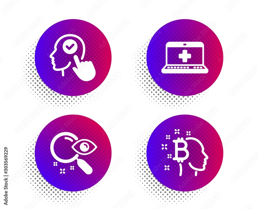 Poster select user, search and medical help icons simple set. halftone dots button. bitcoin think sign. hea