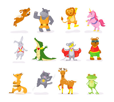 Cute animal kids set. Deer, mouse, teddy bear, fox, dog, kitten, unicorn, lion, hippopotamus crocodile frog cat character cartoon vector illustration isolated
