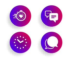 Timer, Dots message and Time icons simple set. Halftone dots button. Chat message sign. Deadline management, Chat bubble, Clock. Speech bubble. Technology set. Classic flat timer icon. Vector