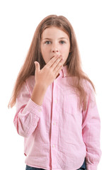 Surprised little girl on white background