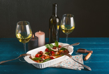 dinner for two with wine and caprese salad