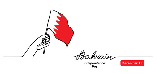 Bahrain Independence Day vector background. One continuous line drawing concept with hand, Bahrain flag, lettering.