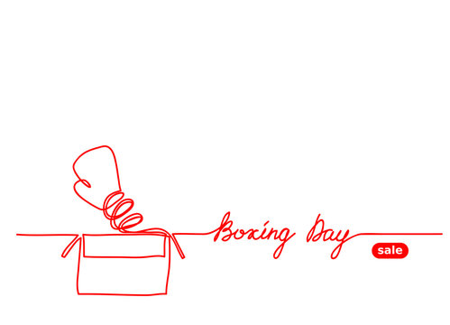 Boxing Day Sale Simple Vector Bakground. One Continuous Red Line Drawing Of Boxing Glove And Box.