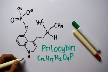 Psilocybin write on the white board. Structural chemical formula. Education concept