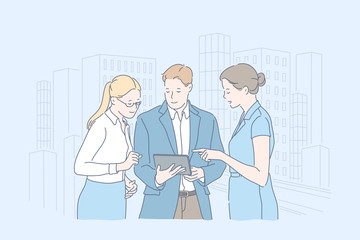 Collaboration, teamwork, development, plan, business concept. Young women and man, businessmen discuss new management tactics. Office clerks or leadership review design of project. Flat simple vector.