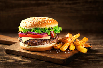 Hamburger with french fries - obrazy, fototapety, plakaty
