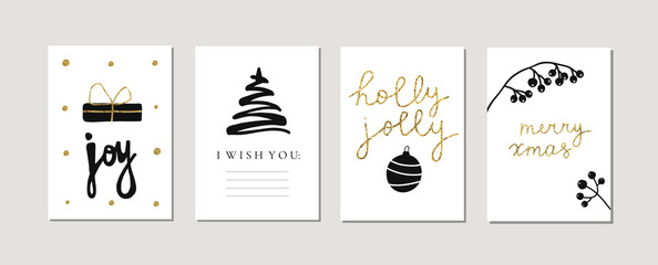 Set of christmas new year winter holiday cute golden greeting cards with gold texture objects. Vector abstract trendy illustration in minimalistic black white hand drawn flat style