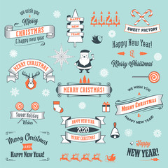 Set of Merry Christmas and Happy New Year emblems an labels. Vector illustration