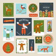 Christmas and Happy New Year greeting cards and labels set. Vector illustration
