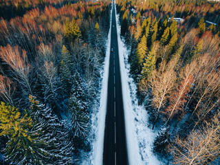 Aerial view of snow covered trees in forest and winter country road with a car