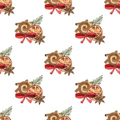 New year watercolor pattern of gingerbread, orange, cinnamon and tree branches. Perfect for packaging, postcards, etc.
