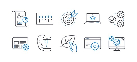 Set of Science icons, such as Organic tested, Seo targeting, Column diagram, Face biometrics, Web settings, Website education, Target purpose, Gears, Report, Settings line icons. Vector