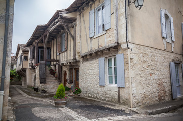 Medieval timber-framed houses in the village of Issegeac, southwest France.