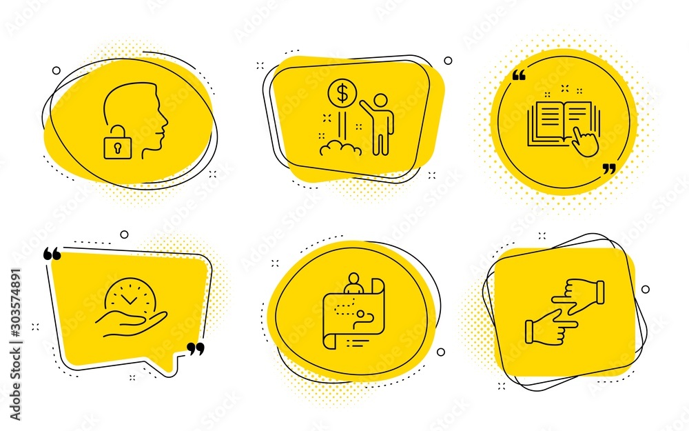 Poster unlock system, technical documentation and click hands signs. chat bubbles. income money, safe time 