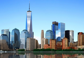 New York view of the Manhattan and the reflection in the Hudson river 