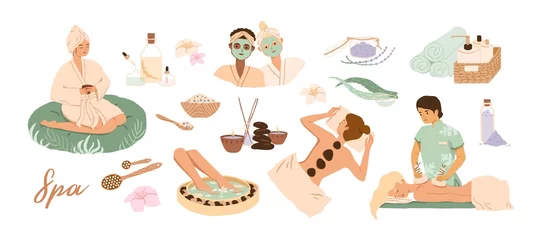 Keuken foto achterwand Spa center service flat vector illustrations set. Beauty salon visitors and workers cartoon characters. Wellness center procedures and equipment pack. Hot stone massage, foot bath and facial masks. © Good Studio