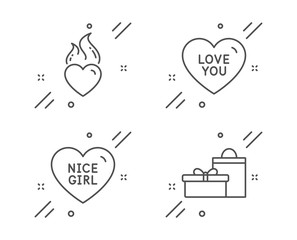 Nice girl, Love you and Heart flame line icons set. Gifts sign. Love heart, Sweetheart, Birthday boxes. Holidays set. Line nice girl outline icon. Vector