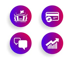 Arena, Change card and Speech bubble icons simple set. Halftone dots button. Demand curve sign. Sport stadium, Payment method, Chat message. Statistical report. Business set. Vector