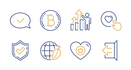 Heart, Approved message and Confirmed line icons set. Employee results, Bitcoin and Like button signs. Environment day, Sign out symbols. Star rating, Accepted chat. Technology set. Vector