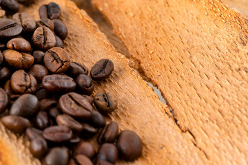 Coffee Beans on Wooden Background, close-up