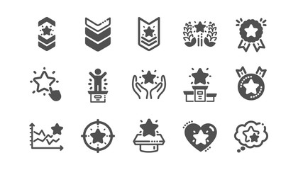 Ranking icons. First place, star rating and winner medal. Shoulder strap, army achievement and star ranking icons. Classic set. Quality set. Vector