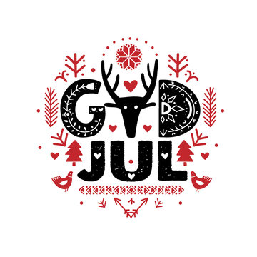 God Jul. Merry Christmas Calligraphy Template in Swedish - God Jul. Lettering poster God Jul in ethnic folk style. Greeting Card Black Typography