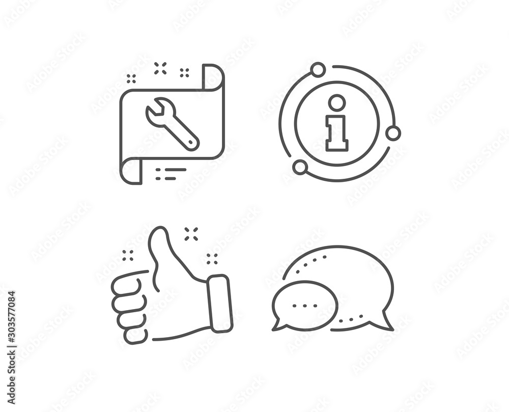 Poster spanner tool line icon. chat bubble, info sign elements. repair service blueprint sign. fix instrume