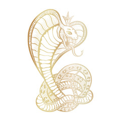 Naklejka premium King Cobra with hood and crown. Golden vector isolated viper snake, hand-drawn luxury logo for hunting, sports theme. Mascot tattoo template with fangs and tongue. Feminine character.