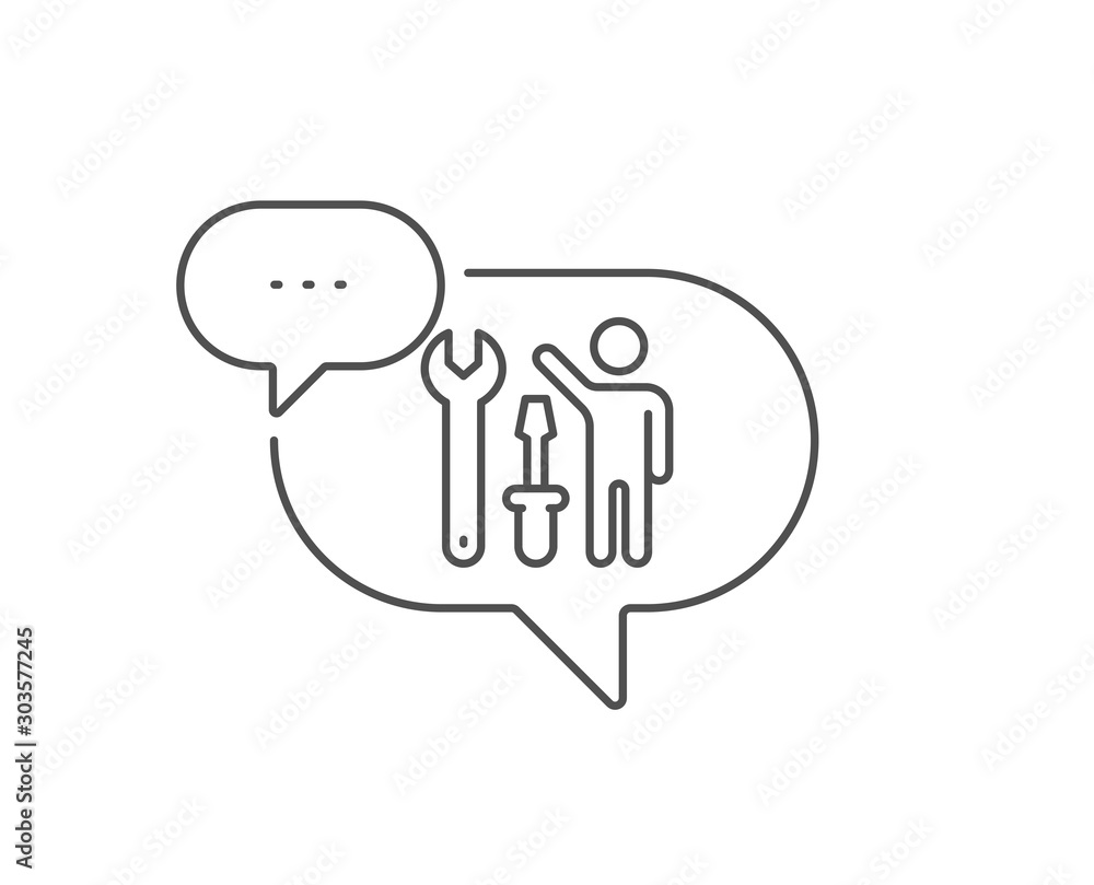 Poster spanner tool line icon. chat bubble design. repairman service sign. fix instruments symbol. outline 