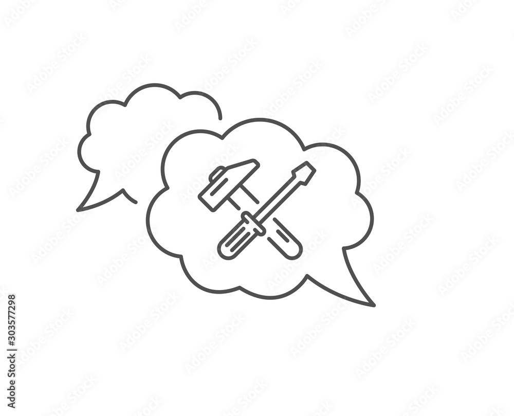 Poster hammer and screwdriver line icon. chat bubble design. repair service sign. fix instruments symbol. o