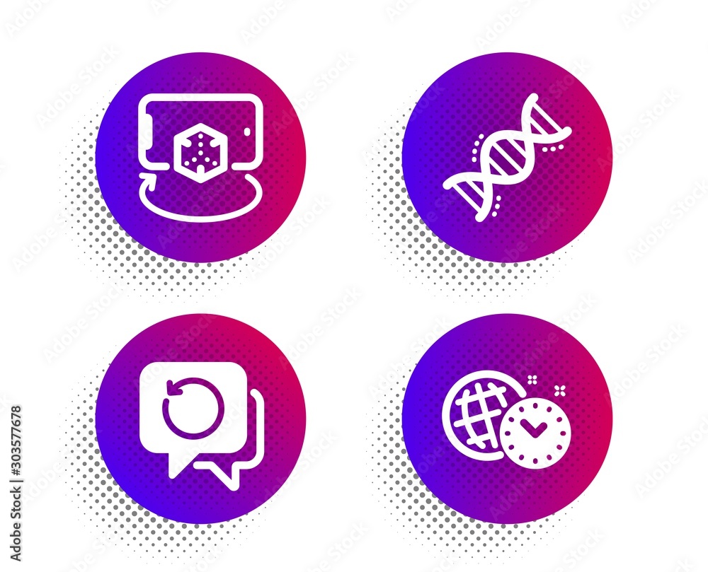 Poster chemistry dna, recovery data and augmented reality icons simple set. halftone dots button. time mana