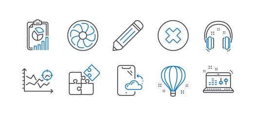 Fototapeta premium Set of Technology icons, such as Close button, Air balloon, Puzzle, Report, Headphones, Fan engine, Smartphone cloud, Seo analysis, Pencil, Sound check line icons. Line close button icon. Vector