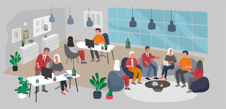 Office interior workplace with group workers communicating or talking to client or conversations between teamwork or meeting, brainstorming. Vector cartoon concept illustration