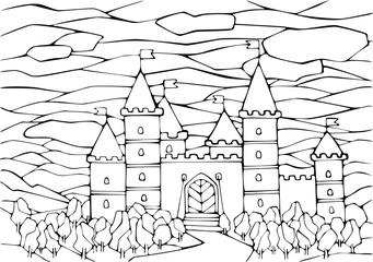 Hand drawing old castle with bridge, forest and road on white background. Stylized sky and clouds. For coloring book pages. Isolated.
