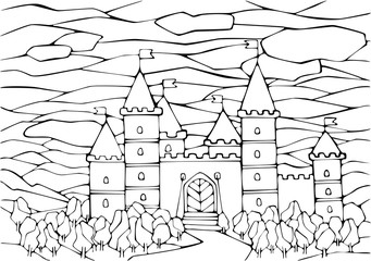 Naklejka premium Hand drawing old castle with bridge, forest and road on white background. Stylized sky and clouds. For coloring book pages. Isolated.