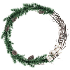 Fototapeta na wymiar A wreath of branches and fir branches. Round frame for the design of postcards, invitations, decor, stickers, photos.