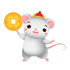 Happy rat with coin. Chinese new year 2020. mouse character