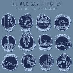 Oil and Gas infographic set. 12 sketch style pictograms with explaining signs represent various sectors of the petroleum industry. Sticker set. EPS10 vector illustration.