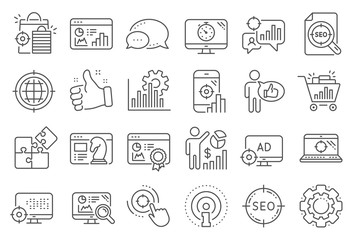 Fototapeta na wymiar Seo line icons. Set of Increase sales, Business Ad strategy and Website optimization icons. Puzzle, Web seo timer and Analytics increase graph. Search engine, Ad sales pie chart, like icon. Vector