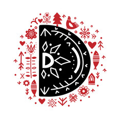 Creative letter D with folk motives - scandinavian. Vector illustration.