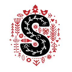 Creative letter S with folk motives - scandinavian. Vector illustration.