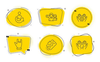 Love letter, Share and Safe water signs. Chat bubbles. Employee hand, Horns hand and People talking line icons set. Work gear, Gesture palm, Contact service. Heart. People set. Vector