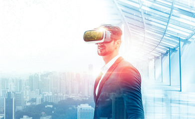 Business man with glasses of virtual reality. Future technology metaverse and environment concept. Double exposure with people and vr box cityscape, internet of things connect the world network.