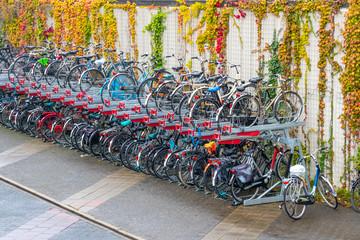 Fototapeta na wymiar Two-level parking of bicycles in Eindhoven city, Netherlands.