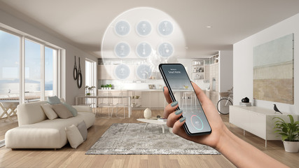 Smart home technology interface on phone app, augmented reality, internet of things, interior...