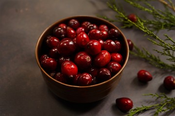 Still life cranberries on rustic background, selective focus