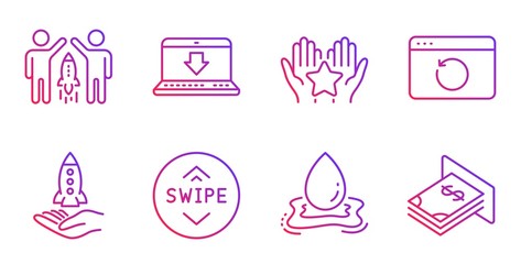 Ranking, Swipe up and Crowdfunding line icons set. Recovery internet, Partnership and Internet downloading signs. Water splash, Atm money symbols. Hold star, Scroll screen. Business set. Vector