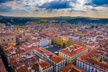 Fototapeta na wymiar Aerial view of Florence and Piazza della Republica in Florence, Italy. Architecture and landmark of Florence.