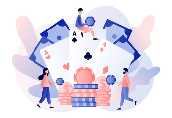 Casino and Gambling Concept. Tiny people gaming gambling games and bet. People play Poker. Poker Cards. Modern flat cartoon style. Vector illustration